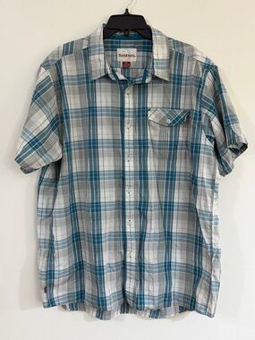 Simms Mens Big Sky XXL Fishing Shirt Blue Plaid Short Sleeve Button Up Camp